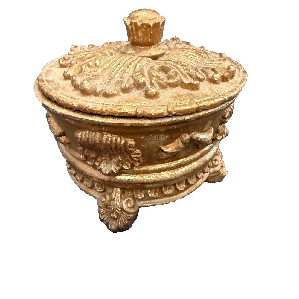 Elements Gold Rococo Syroco Style Round Trinket Jewelry Coin Box Gilt Ornate